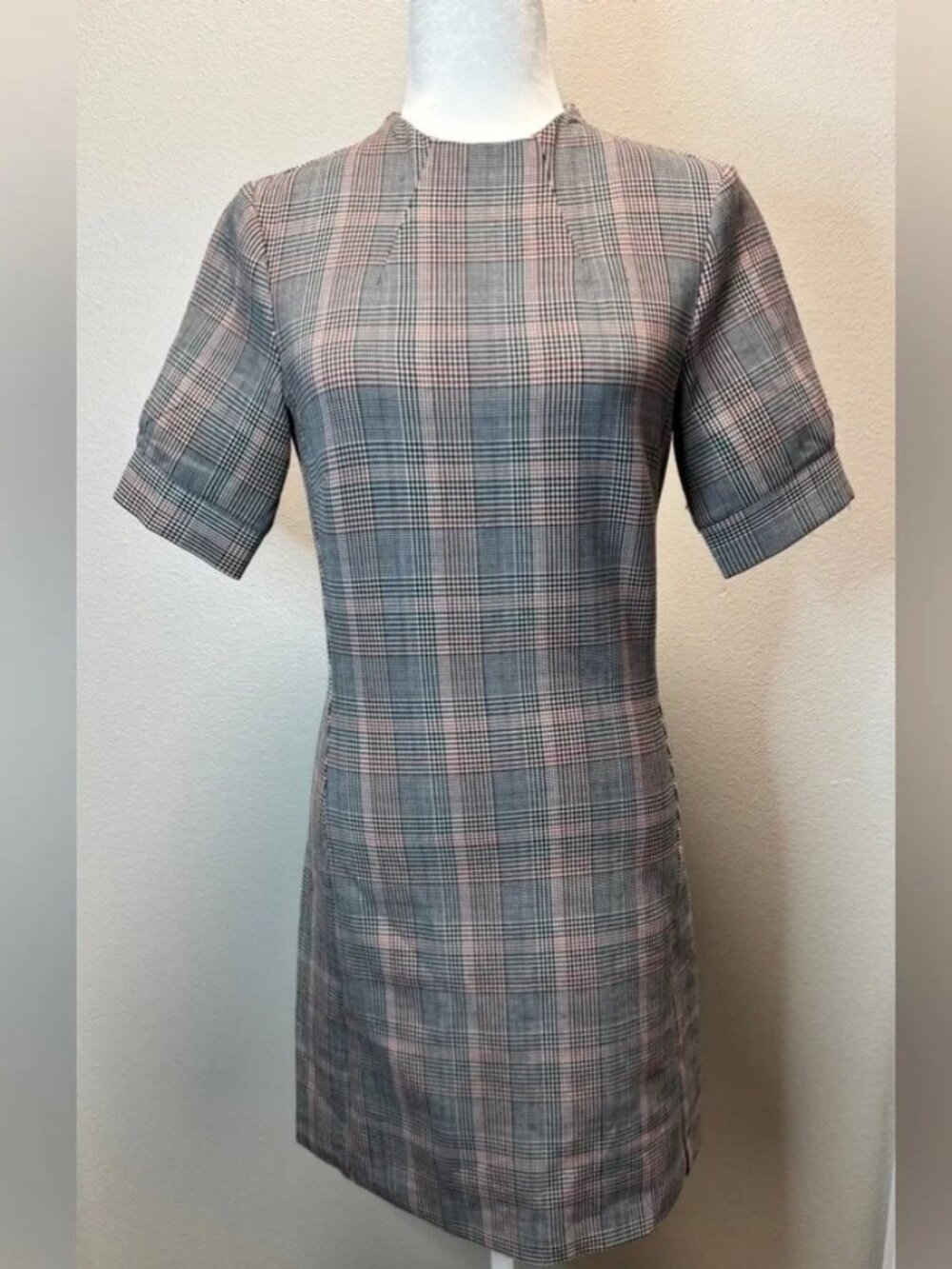 NWT H&M Women Beige/Gray Plaid Short Dress Puff Sleeves, Medium